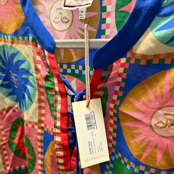 Johnny Was Workshop Front Tie Villa Silk Blouse Sun Print XL NWT Boho Gift - Picture 8 of 8